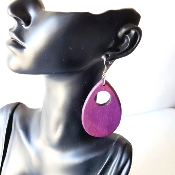 Two Pairs of Chunky Wooden Dangle Earrings Oversized Dangle Boho Retro - Picture 3 of 14